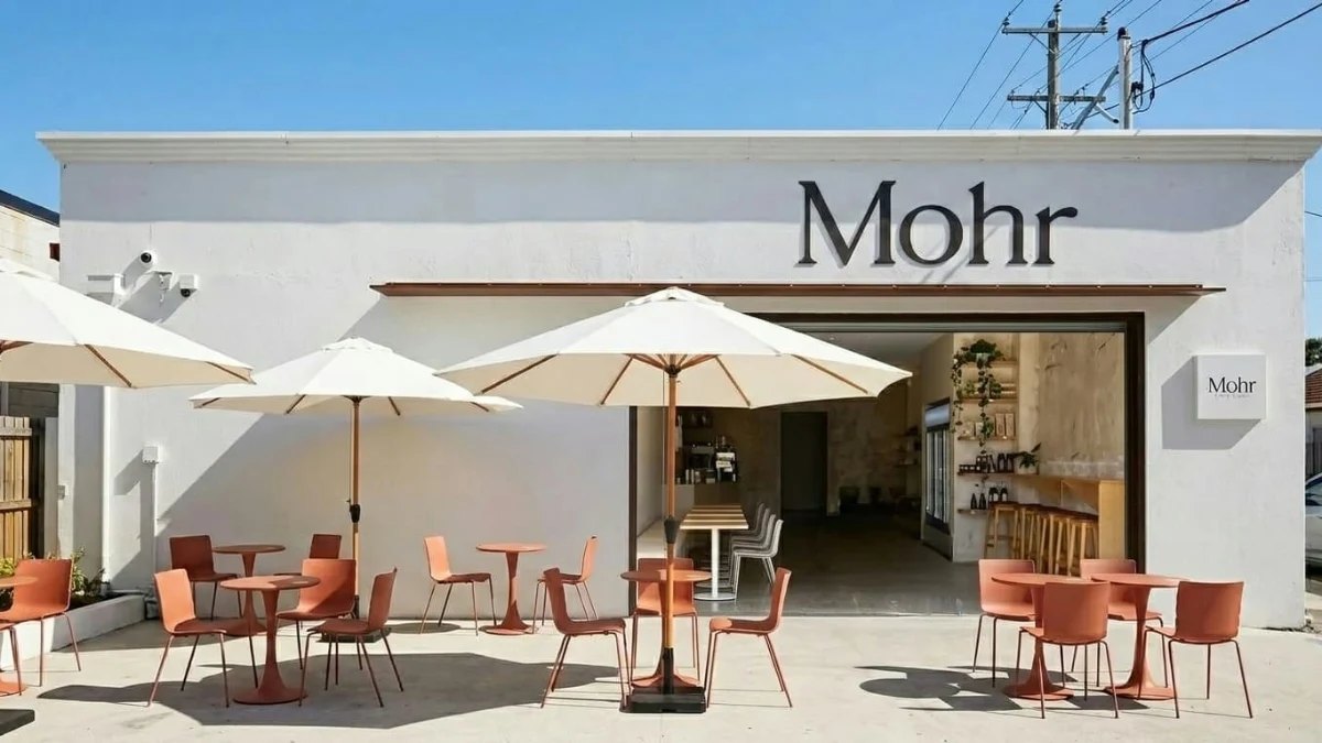 Orange chairs and umbrellas outside Mohr Café & Deli