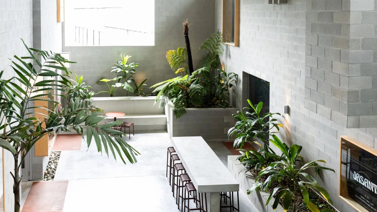 The plant-filled common area at The Warehouses, Currumbin, where Lobby sits