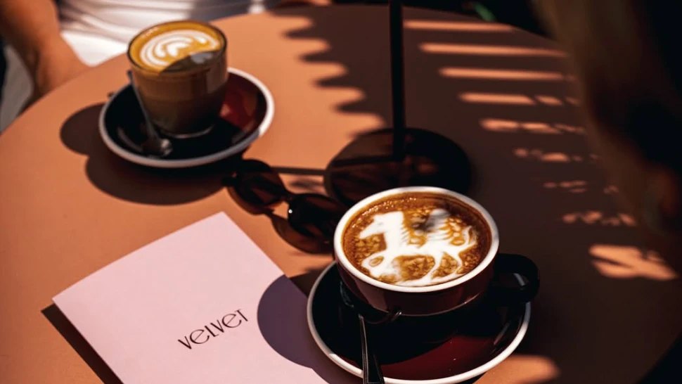 Coffees in the sun on a table at Velvet Café & Lounge