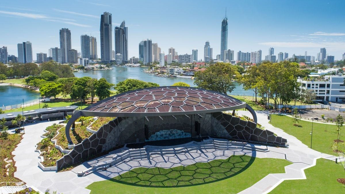The HOTA outdoor stage and parkland, with the Surfers Paradise skyline behind
