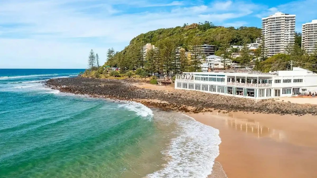 Burleigh Beach curving to the headland, with Burleigh Pavilion on the shore