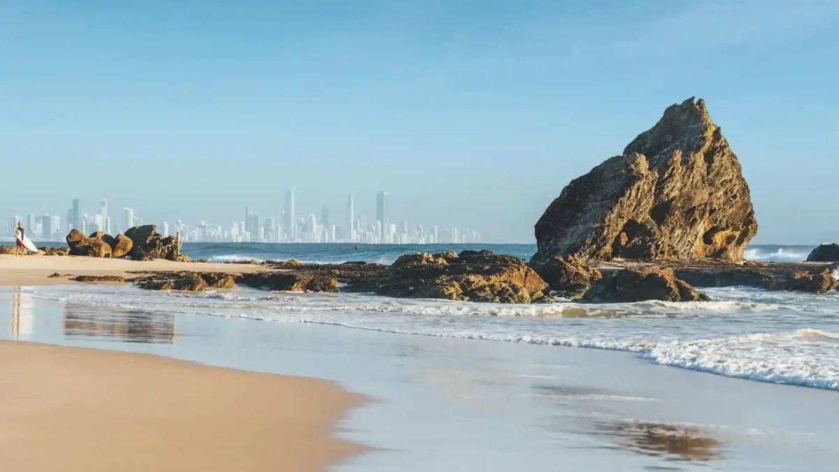 Currumbin Rock and the beach, with the Surfers Paradise skyline beyond