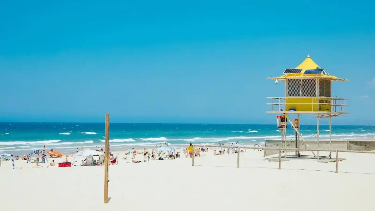 A lifeguard tower on the sand at Kurrawa Beach, Broadbeach