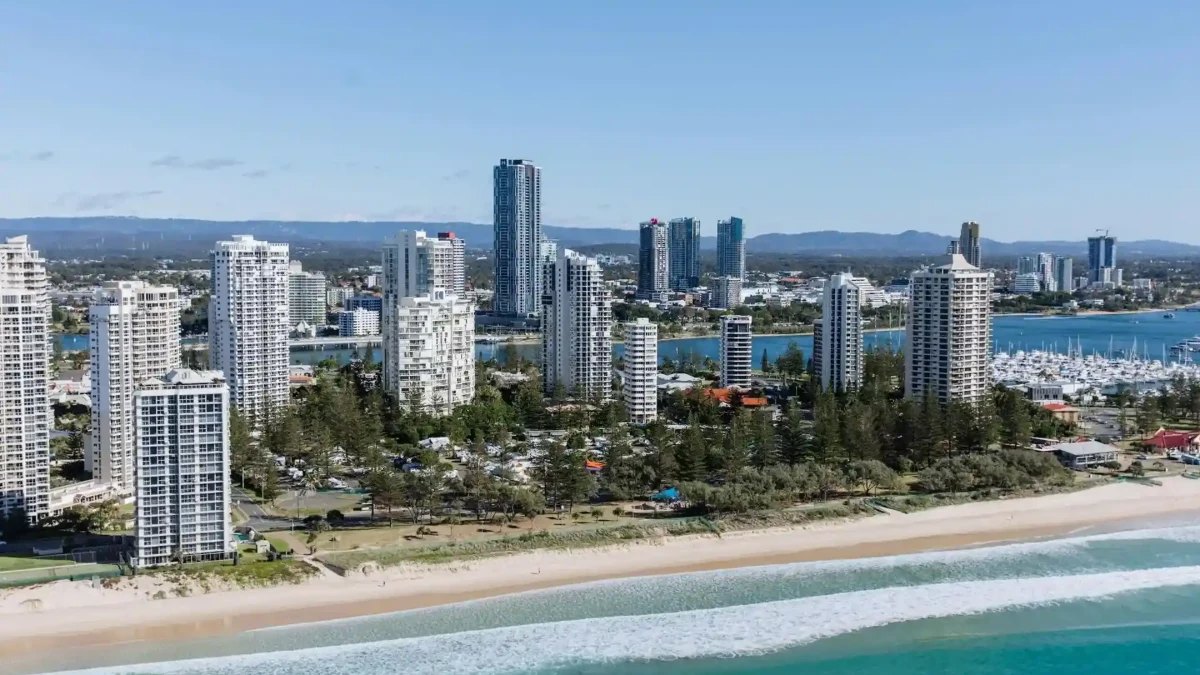 Main Beach and the Broadwater from the air, with the Surfers Paradise towers