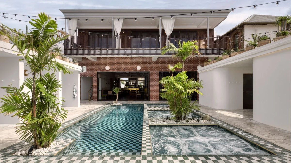 The pools and courtyard at The Banya, Mullumbimby