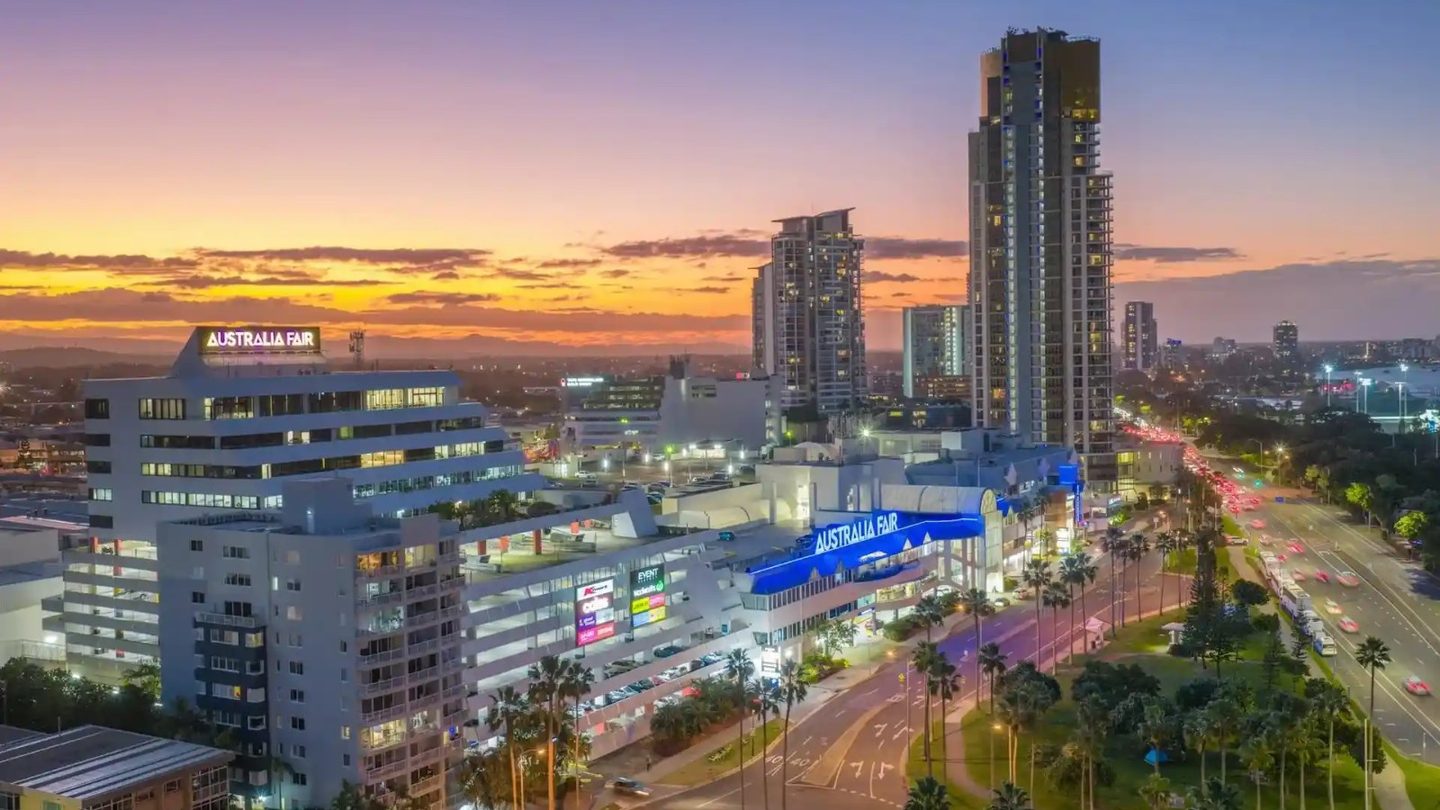 Australia Fair and Southport at sunset, seen from above