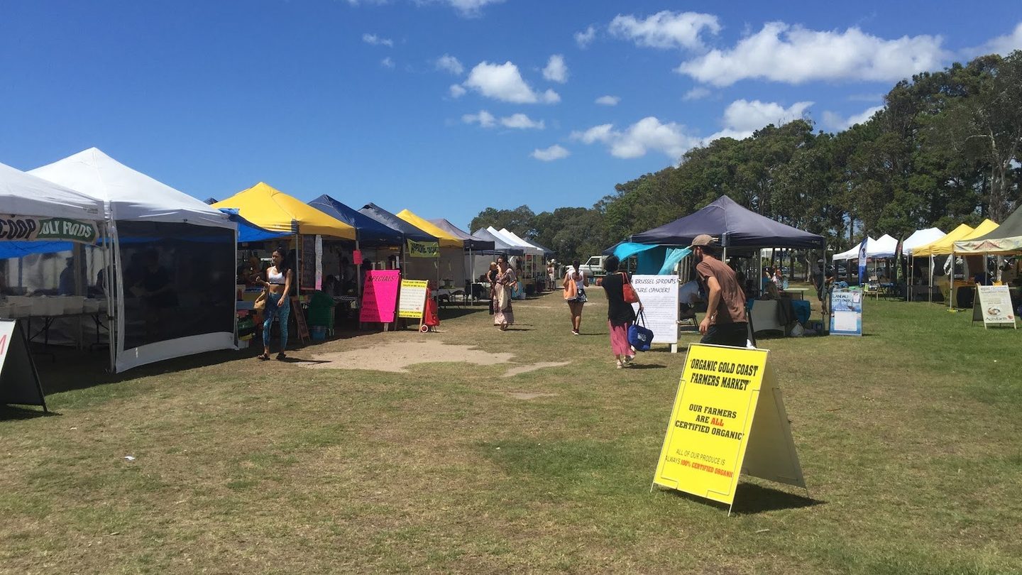 Market tents on the oval at the Gold Coast Organic Farmers Market