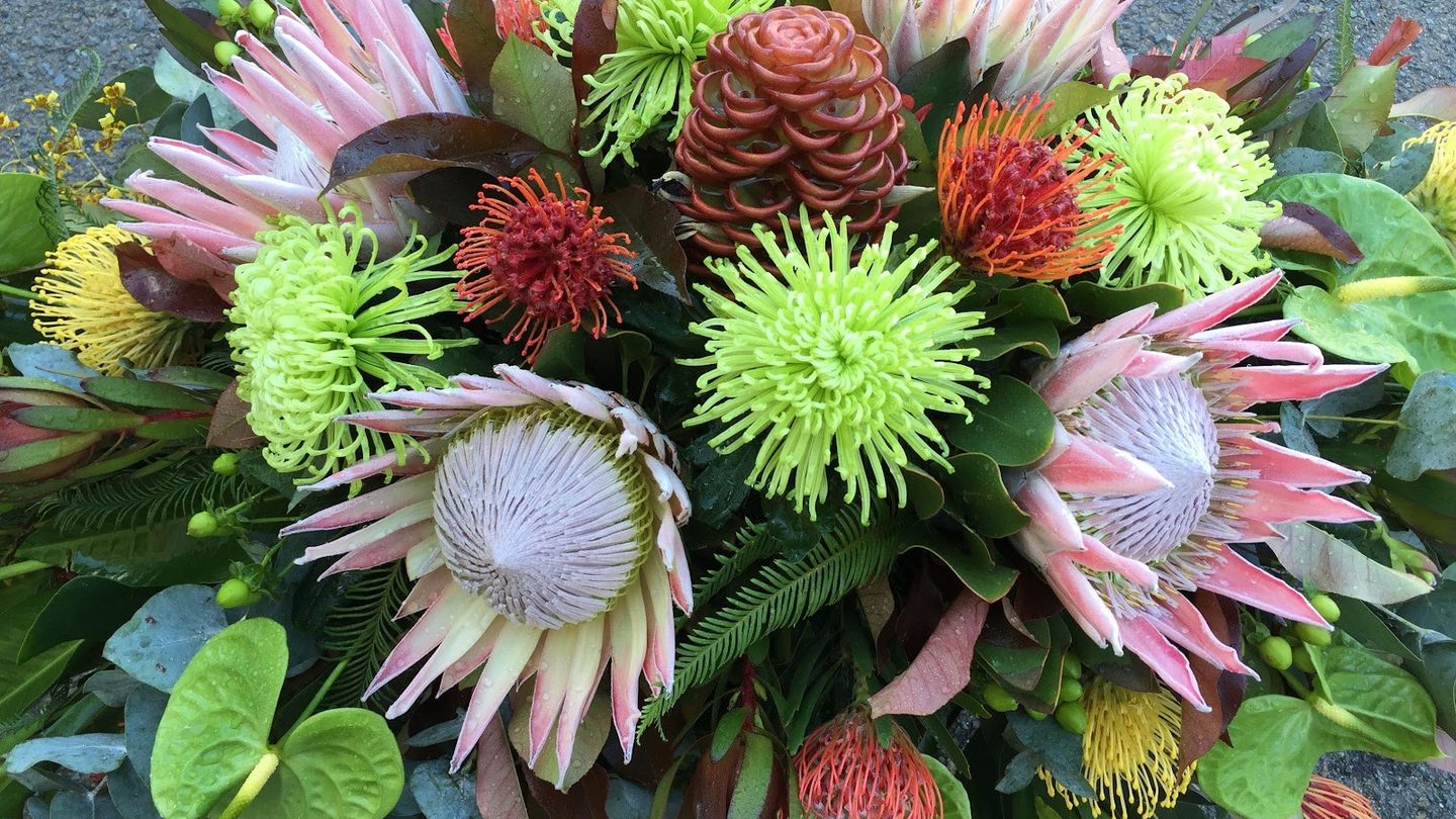 A native arrangement of proteas and chrysanthemums by The Flower Garden