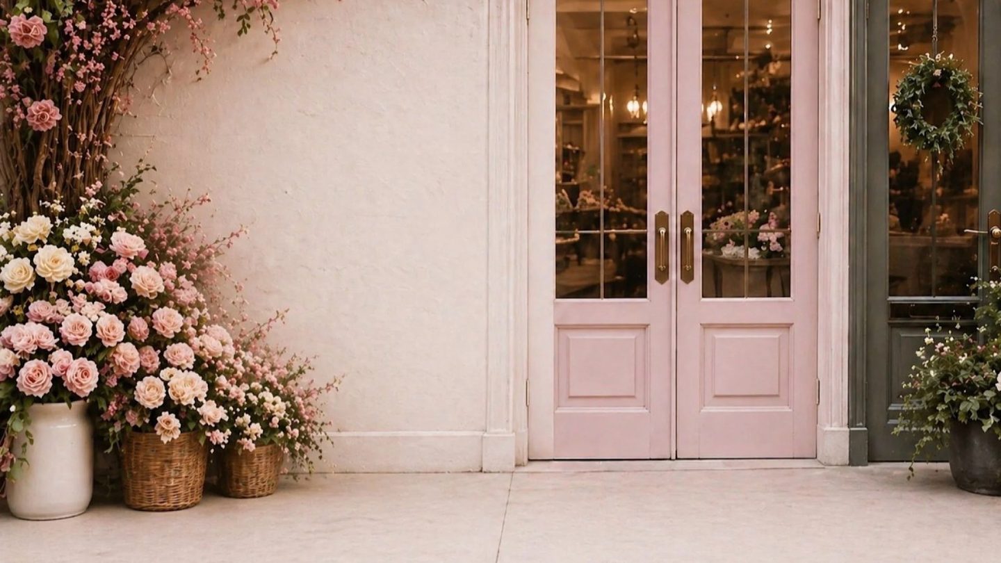 Pink doors and flower displays at That Pretty Market