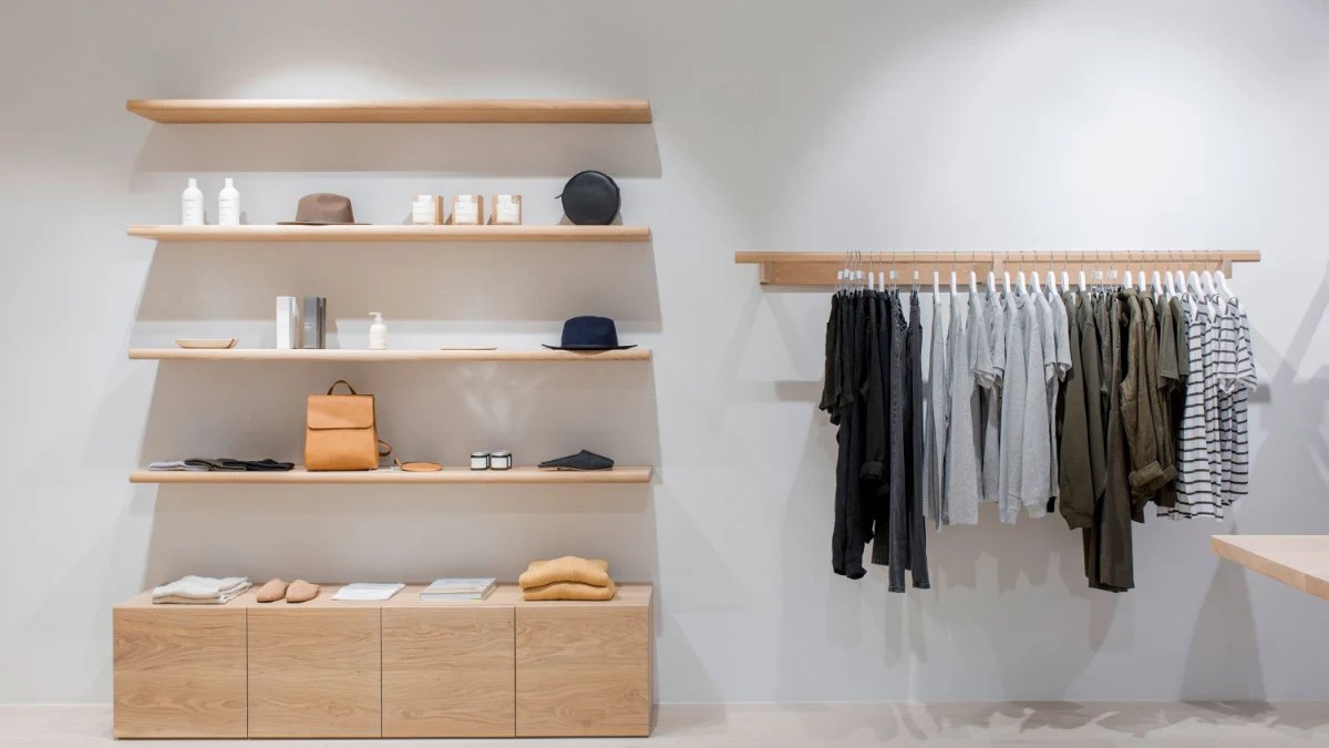 Shelves and clothing racks in the Assembly Label store