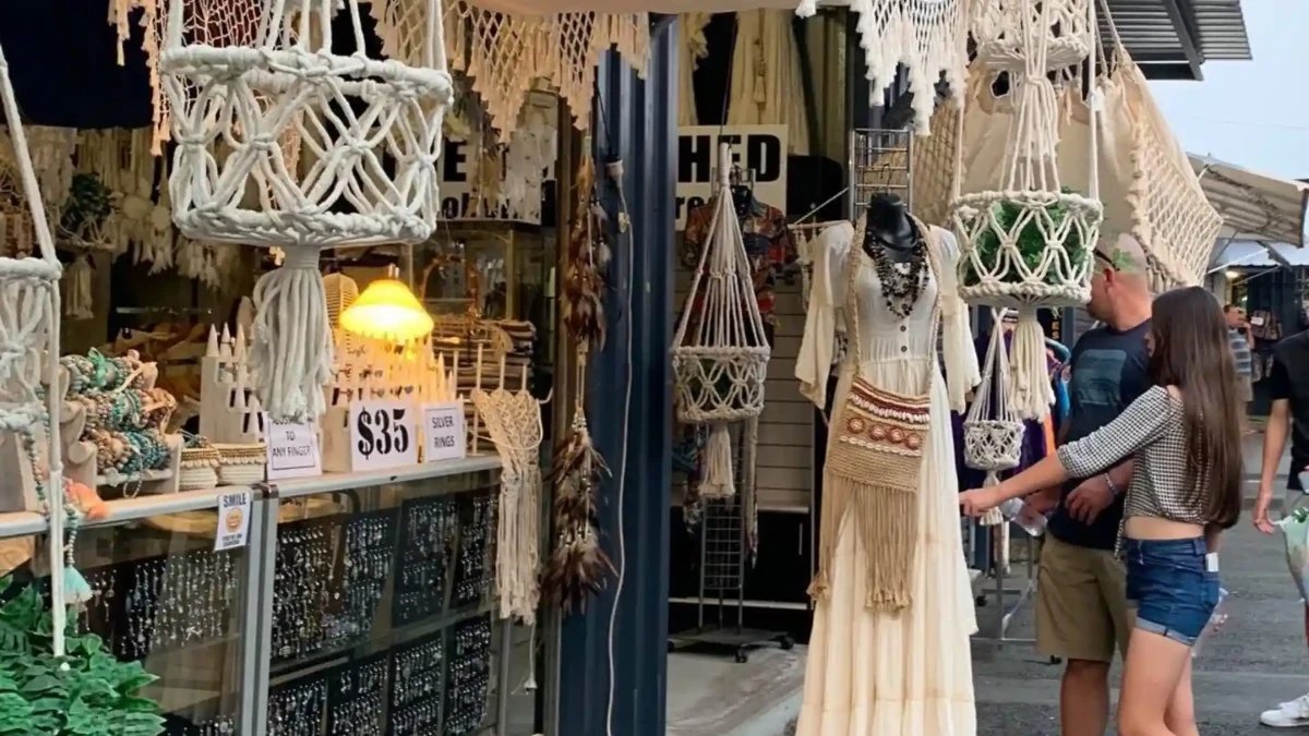 Macramé and clothing at a stall at Carrara Markets