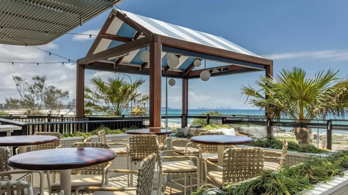 The beachside terrace at Kirra Beach House, looking out to sea